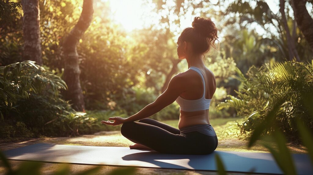 woman, yoga, meditation, nature, outdoors, relaxation, breathing, sunshine, light, garden, park, pose, sportswear, yoga mat, morning, natural light, health, fitness, stretch, relax, sunlight filtering through trees